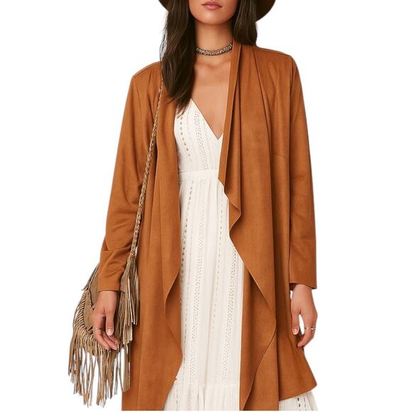 Soft Surroundings L Faux Suede Open Front Long Jacket Brown Western Beth Dutton - Picture 1 of 10